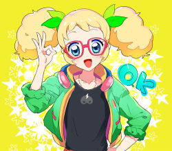  1girl :d afro_puffs aikatsu! aikatsu!_(series) black_shirt blonde_hair blue_eyes commentary_request cropped_jacket glasses green_jacket green_ribbon hair_ribbon hand_up headphones headphones_around_neck jacket jewelry looking_at_viewer moudoku_(decopon3rd) necklace ok_sign open_clothes open_jacket open_mouth red-framed_eyewear ribbon saegusa_kii shirt smile solo three-quarter_sleeves upper_body yellow_background 