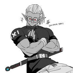  1boy belt character_logo character_name commentary_request covered_collarbone cowboy_shot demon_boy dragon_ball dragon_ball_xenoverse fingerless_gloves fu_(dragon_ball) gloves grin hair_pulled_back highres korean_commentary korean_text living_(nsiring) looking_to_the_side male_focus muscular muscular_male pointy_ears ponytail red_eyes round_eyewear sheath sketch smile solo spot_color waving 