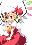  :d bell_(artist) blonde_hair flandre_scarlet gradient_hair green_hair hat heart heart-shaped_pupils index_finger_raised looking_at_viewer multicolored_hair open_mouth pointing pointing_up red_eyes short_hair side_ponytail simple_background smile symbol-shaped_pupils touhou wings 