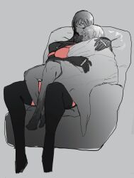  2girls android ariane_yeong armchair barefoot black_hair blanket chair closed_eyes commentary couple cuddling elster_(signalis) english_commentary full_body grey_background hands_on_another's_back highres malangtrade multiple_girls short_hair signalis simple_background sitting sitting_on_lap sitting_on_person skin_seams under_covers white_hair yuri 