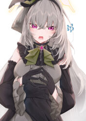  1girl absurdres averting_eyes black_gloves black_sleeves blue_archive blush breasts center_frills commentary_request crossed_bangs detached_sleeves dress frills gloves grey_dress grey_hair hair_between_eyes halo highres idol_clothes large_breasts leonardo_566 long_hair official_alternate_costume open_mouth pink_eyes sakurako_(blue_archive) sakurako_(idol)_(blue_archive) simple_background solo steepled_fingers white_background 