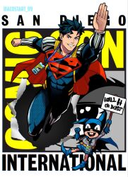  batman_(series) batman_symbol batmite black_hair blue_eyes bodysuit cape dc_comics gloves grey_bodysuit highres kristian_acosta male_focus multicolored_bodysuit multiple_boys muscular muscular_male red_cape short_hair silver_armor smile superboy-prime superhero_costume superman_(series) superman_logo taut_bodysuit taut_clothes two-tone_bodysuit western_comics_(style) 