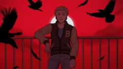  1boy against_railing backlighting bandaged_hand bandages belt bird blonde_hair brown_jacket cigarette clouds commentary commentary_request cowboy_shot crow denim falling_feathers feathers flock highres holding holding_cigarette hotline_miami id_kaeta jacket jacket_(hotline_miami) jeans letterman_jacket male_focus moon orange_sky outdoors pants parted_lips railing red_sky short_hair sky solo sun 