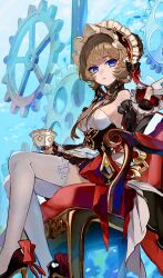  1girl bare_shoulders blue_eyes brown_hair commentary_request cup detached_sleeves dress genshin_impact high_heels highres legs long_hair looking_at_viewer new_(new_gnsn) sandrone_(genshin_impact) short_hair_with_long_locks sitting solo teacup thigh-highs white_thighhighs winding_key zettai_ryouiki 