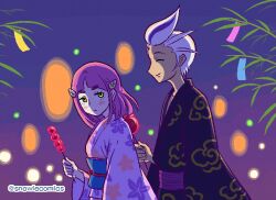  1boy 1girl alternate_costume black_kimono blue_sash blush candy_apple closed_mouth commentary drayton_(pokemon) eyelashes food from_side hair_ornament hairclip holding japanese_clothes kimono lacey_(pokemon) looking_to_the_side medium_hair multicolored_hair night outdoors pokemon pokemon_scarlet_and_violet purple_hair purple_kimono sash sidelocks sky snowiecomics streaked_hair twitter_username untranslatable_commentary watermark yellow_eyes 
