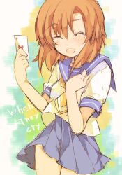  1girl ^_^ ace_(playing_card) ace_of_hearts blue_sailor_collar blue_skirt blush card closed_eyes commentary copyright_name facing_viewer hair_between_eyes hand_on_own_chest heart higurashi_no_naku_koro_ni holding holding_card machi_(alice98) medium_hair neckerchief open_mouth orange_hair parted_bangs playing_card pleated_skirt ryuuguu_rena sailor_collar school_uniform serafuku shirt short_sleeves skirt smile solo white_shirt yellow_neckerchief 