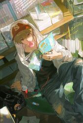  1boy absurdres bag bag_charm black-framed_eyewear black_shirt blonde_hair blowing_bubble_gum blue_pants can charm_(object) chewing_gum collarbone drink_can feet_out_of_frame glasses hair_between_eyes happy_birthday highres holding holding_magazine hood hood_up hoodie jiujiumi; long_sleeves looking_at_viewer magazine_(object) male_focus open_clothes open_hoodie original pants red_eyes shirt short_hair sitting soda_can solo torn_clothes torn_pants unworn_eyewear white_hoodie 