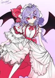  1girl ahoge artist_name asymmetrical_sleeves back_bow bat_wings ben-day_dots black_wings bow braid braided_sidelocks closed_mouth commentary corrupted_twitter_file cowboy_shot dated dot_nose double-parted_bangs dress earrings frilled_dress frilled_hat frilled_shirt_collar frilled_sleeves frills gradient_background hair_ornament hairclip hat hat_bow highres holding_own_dress jewelry lace-trimmed_dress lace_trim layered_dress looking_at_viewer medium_hair mob_cap multiple_hairclips neck_ribbon parallel_hairclips pointy_ears purple_background purple_hair red_bow red_dress red_eyes red_ribbon red_trim remilia_scarlet ribbon screentones shadow sidelocks signature simple_background single_sleeve slit_pupils smile solo swept_bangs touhou two-tone_dress untranslatable_commentary urplep36568 white_dress white_hat wings 