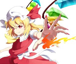  1girl absurdres ascot blonde_hair closed_mouth collared_shirt commentary crystal crystal_wings fang fang_out fingernails fire flandre_scarlet frilled_shirt_collar frilled_skirt frills hat hat_ribbon highres long_fingernails long_hair mob_cap multicolored_wings one_side_up pyrokinesis red_eyes red_skirt red_vest ribbon sharp_fingernails shirt signature simple_background skirt skirt_set smile solo toogeruu touhou vest white_background white_hat white_shirt wings yellow_ascot 