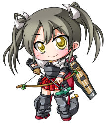  1girl blush bow_(weapon) chibi chibi_only closed_mouth commentary_request full_body grey_hair grey_shoes grey_thighhighs hakama hakama_short_skirt hakama_skirt holding holding_bow_(weapon) holding_weapon japanese_clothes kantai_collection long_hair looking_at_viewer muneate red_hakama shinjitsu shirt shoes short_sleeves simple_background skirt smile solo standing thigh-highs twintails weapon white_background white_shirt yellow_eyes zettai_ryouiki zuikaku_(kancolle) 