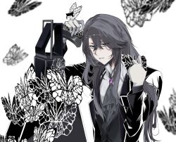  1boy black_gloves black_hair black_jacket bug butterfly collared_shirt e.g.o_(project_moon) eogeumni586076 flower formal_clothes gatling_gun gloves hair_between_eyes highres holding jacket jewelry limbus_company long_hair looking_at_viewer male_focus necktie project_moon shirt simple_background solemn_lament_(e.g.o) solo weapon white_background white_shirt yi_sang_(project_moon) 