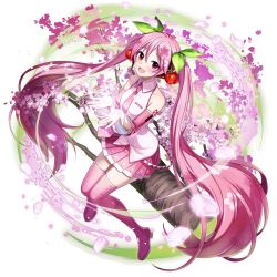  1girl :d artist_request bare_shoulders blush boots cherry_blossoms cherry_hair_ornament detached_sleeves double-parted_bangs food-themed_hair_ornament full_body game_asset grand_summoners hair_between_eyes hair_ornament hands_up hatsune_miku headset leaf_hair_ornament long_hair long_sleeves looking_at_viewer miniskirt necktie number_tattoo official_art open_mouth pink_boots pink_eyes pink_hair pink_necktie pink_shirt pink_skirt pink_sleeves pleated_skirt sakura_miku shirt shoulder_tattoo simple_background skirt sleeveless sleeveless_shirt smile solo tattoo thigh_boots third-party_source transparent_background twintails very_long_hair vocaloid zettai_ryouiki 