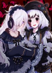  2girls :d absurdres bare_shoulders beret black_eyes black_hat black_horns black_jacket black_ribbon blue_dress blue_hairband bow bug butterfly collarbone collared_shirt colored_tears colored_tips commentary_request contrast_collar cover cover_page crescent crescent_necklace crying crying_with_eyes_open doujin_cover dress dress_bow frilled_dress frilled_hairband frilled_sleeves frills goat_horns gothic_lolita hair_bow hair_over_one_eye hair_ribbon hairband hat highres horns jacket jacket_partially_removed jewelry jogasaki_noah kusawokueyo lolita_fashion lolita_hairband long_hair long_sleeves looking_at_viewer mahou_shoujo_no_majo_saiban messy_hair multi-tied_hair multicolored_hair multiple_girls natsume_an-an neck_ribbon necklace off-shoulder_dress off_shoulder one_eye_covered paintbrush polka_dot polka_dot_bow red_butterfly ribbon shirt sleeves_past_fingers sleeves_past_wrists smile spoilers streaked_hair tears violet_eyes white_hair white_shirt wide_sleeves witch_(manosaba) 