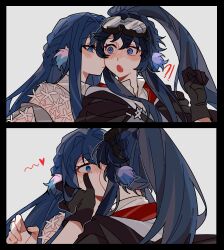  !? 2girls :o arknights artist_request astesia_(arknights) astgenne_(arknights) black_border black_gloves blue_eyes blue_hair blush border braid chinese_commentary commentary_request commission constricted_pupils fang gloves goggles goggles_on_head hair_between_eyes hand_on_another's_cheek hand_on_another's_face highres incest kiss kissing_cheek long_hair looking_at_another multiple_girls nose_blush open_mouth ponytail second-party_source siblings sisters skin_fang surprise_kiss surprised upper_body yuri 