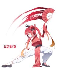  1girl baggy_pants black_horns black_nails black_shoes breasts china_(ppfjvdjudk54073) china_dress chinese_clothes chokkon commentary_request double_bun dragon_horns dress earrings fighting_stance folding_fan from_side gradient_hair hair_between_eyes hair_bun hair_flowing_over hand_fan hand_on_own_leg hand_up high_collar highres holding holding_fan horns ink jewelry kokkimusume korean_commentary large_breasts legs_apart looking_ahead multicolored_hair orange_hair pants pelvic_curtain pointy_ears profile red_dress red_hair sharp_teeth shoes sidelocks simple_background sleeveless sleeveless_dress solo star_(symbol) star_earrings teeth translation_request twintails v-shaped_eyebrows white_background white_pants yellow_eyes 
