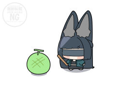  1girl absurdres animal_ear_fluff animal_ears aqua_jacket black_hair black_hairband black_necktie black_skirt blindfold chibi commentary_request food fox_ears fox_girl fruit full_body hairband highres hoshimi_miyabi jacket long_hair melon necktie shinonome_nashi shirt skirt solo stick white_background white_shirt zenless_zone_zero 