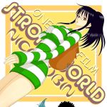  afro bag black_hair brook character_name franky glasses nico_robin one_piece one_piece:_strong_world ponytail red_eyes shirt short_hair striped striped_shirt sukemoja sweater sweater_dress title_drop yellow_background 