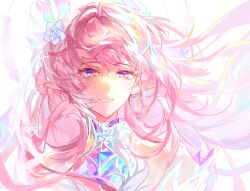  1girl absurdres chinese_commentary commentary_request cyrene_(demiurge)_(honkai:_star_rail) cyrene_(honkai:_star_rail) diamond-shaped_pupils diamond_(shape) earrings flower hair_flower hair_ornament halo highres honkai:_star_rail honkai_(series) hupo_tang jewelry long_hair looking_at_viewer pink_hair planet_earrings pointy_ears smile solo symbol-shaped_pupils tears upper_body very_long_hair violet_eyes 