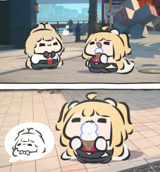  2girls alice_thymefield angry animal_ears belt black_bow bow cissia_(zenless_zone_zero) commentary english_commentary food game_screenshot_background happy highres holding holding_ice_cream_cone ice_cream ice_cream_cone multiple_girls open_mouth rabbit_ears red_belt screenshot_background snake_tail superappleman symmetry tail zenless_zone_zero 