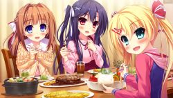  3girls :d blonde_hair blue_eyes blue_hair blue_jacket bow bowl braid brown_hair buttons cardigan chair chopsticks corset curtains double-breasted drink food game_asset green_eyes hair_bow hair_intakes hair_ornament hairclip half_up_braid hinata_nao holding holding_bowl holding_chopsticks hood hooded_jacket hoshimi_asuka hoshimi_miku hoshimi_yuki indoors jacket juliet_sleeves long_hair long_sleeves looking_at_viewer multicolored_jacket multiple_girls neck_ribbon non-web_source official_art on_chair one_side_up pink_shirt puffy_sleeves red_bow red_eyes red_ribbon ribbon rice_bowl sailor_collar shirt sitting smile table twintails two-tone_jacket white_bow white_ribbon white_sailor_collar x_hair_ornament yellow_cardigan yuuwaku_scramble 