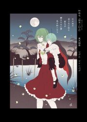  2girls antennae ascot black_border black_shoes border brown_cape cape carrying carrying_person closed_eyes closed_mouth collared_shirt commentary_request fireflies frilled_skirt frills full_moon green_hair highres kazami_yuuka lake long_sleeves mary_janes moon multiple_girls night open_clothes open_vest outdoors piggyback plaid_clothes plaid_skirt plaid_vest red_cape red_skirt red_vest shirt shoes short_hair skirt skirt_set smile socks touhou translation_request tree two-sided_cape two-sided_fabric vest water white_shirt white_socks wriggle_nightbug yamada_satoshi yellow_ascot 