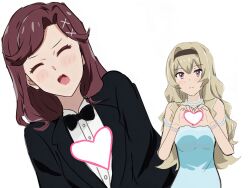  2girls black_suit blonde_hair blue_dress bracelet brown_hair chinese_commentary commentary_request dress hair_ornament hairclip headband heart heart_attack heart_hands highres implied_yuri jewelry light_blush multiple_girls necklace parallel_hairclips parted_bangs red_eyes saijo_claudine shoujo_kageki_revue_starlight suit tendo_maya white_background yuri 