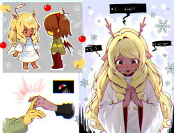  1girl 1other angel_wings animal_ears antlers apple black_eyes black_wings brown_hair colored_skin commentary crying deer_antlers deer_ears deltarune demon_wings drill_hair drill_sidelocks english_text fake_halo fake_horns food fruit hairband halo horn_hairband horns jewelry kaeh_12 korean_commentary kris_(deltarune) long_hair noelle_holiday noelle_holiday_(dark_world) own_hands_together red_eyes red_horns ring scene_reference sidelocks snowflakes thorn_ring_(deltarune) utdr_(toby_fox) weird_route_(deltarune) white_wings wings yellow_skin 