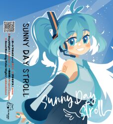  1girl arm_tattoo bare_shoulders black_skirt blue_background blue_eyes blue_hair blue_nails blush commentary detached_sleeves detached_wings english_text eyelashes fingernails grey_shirt hair_between_eyes hatsune_miku long_hair nail_polish number_tattoo projecttiger qr_code shirt signature skirt smile solo tattoo twintails untranslatable_commentary very_long_hair vocaloid wings 