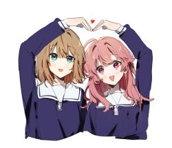  2girls ahoge blush brown_hair commentary cropped_torso green_eyes heart_arms heart_arms_duo kaeshi_(yuukaeshi) kagari_mimi kimi_ga_shinu_made_koi_wo_shitai long_hair long_sleeves medium_hair multiple_girls open_mouth pink_eyes pink_hair simple_background totsuki_shiina untranslatable_commentary white_background 