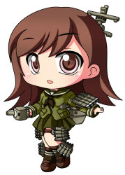 1girl black_neckerchief black_socks blush brown_eyes brown_hair brown_shoes chibi chibi_only commentary_request full_body green_sailor_collar green_serafuku green_shirt green_skirt kantai_collection long_hair long_sleeves neckerchief ooi_(kancolle) open_mouth pleated_skirt sailor_collar school_uniform serafuku shinjitsu shirt shoes simple_background skirt socks solo standing white_background 