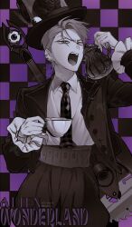  1boy 88jakga absurdres alice's_adventures_in_wonderland alien_stage alternate_costume artist_name bug centipede checkered_background checkered_necktie collared_shirt commentary cup ear_piercing english_commentary english_text eyeball_hat_ornament greyscale_with_colored_background guitar hat highres holding holding_cup holding_teapot instrument jacket male_focus necktie open_mouth piercing pin purple_background shirt short_hair solo suit_jacket tape_measure teacup teapot till_(alien_stage) top_hat 