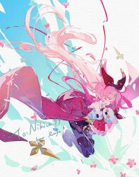 1girl animal_ear_hairband animal_ears arcaea artist_name bare_shoulders black_skirt boots bow bowtie bug butterfly closed_eyes commentary detached_collar detached_sleeves dress fake_animal_ears frilled_sleeves frills full_body hairband high-low_skirt highres holding holding_stuffed_toy kou_(arcaea) lace-up_boots long_hair long_sleeves m1zu_00 open_mouth pink_hair pleated_skirt rabbit_ear_hairband rabbit_ears red_dress signature skirt sleeves_past_fingers sleeves_past_wrists smile solo strapless strapless_dress stuffed_animal stuffed_toy teddy_bear very_long_hair wide_sleeves 