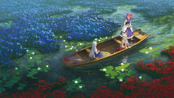  3girls banjie blue_dress blue_flower boat book bow breasts brown_sash chinese_commentary coin coin_on_string collared_shirt commentary_request dress flower flower_request fujiwara_no_mokou grey_hair hair_bobbles hair_bow hair_ornament hat highres holding holding_oar holding_unworn_clothes holding_unworn_hat kamishirasawa_keine long_hair medium_hair missing_headwear multiple_girls multiple_hair_bows oar obi obidome ofuda ofuda_on_clothes on_boat onozuka_komachi open_book outdoors pants puffy_short_sleeves puffy_sleeves red_eyes red_flower red_hair red_pants reflection reflective_liquid ripples sash shirt short_sleeves sitting small_breasts suspenders touhou two_side_up unworn_hat unworn_headwear very_long_hair water watercraft white_flower white_shirt 