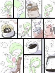  1girl bob_cut chair closed_eyes coffee coffee_mug colored_skin commentary_request cup dress gardevoir green_hair green_skin kougubako30 mug multicolored_skin multiple_views on_chair pokemon pokemon_(creature) sitting speech_bubble translation_request two-tone_skin white_dress white_skin 