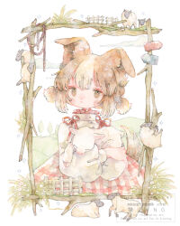 1girl animal_ears baby_animal blush_stickers border brown_eyes brown_hair buttons closed_mouth commentary_request cowboy_shot dog_ears dog_girl fence high_collar highres lamb long_sleeves multicolored_hair mura_(yoshishi_ff) original ornate_border painting_(medium) plaid_clothes plaid_skirt puffy_long_sleeves puffy_sleeves red_ribbon red_skirt ribbon rope sheep shirt short_twintails skirt solo tareme traditional_media twintails two-tone_hair watercolor_(medium) watermark white_hair white_shirt 