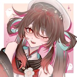 1girl bare_shoulders brown_hair chinese_clothes eyewear_on_head flower-shaped_pupils genshin_impact glasses hair_between_eyes hat highres hu_tao_(cherries_snow-laden)_(genshin_impact) hu_tao_(genshin_impact) long_hair looking_at_viewer official_alternate_costume one_eye_closed open_mouth red-tinted_eyewear red_eyes round_eyewear smile solo sui_ojin symbol-shaped_pupils teeth tinted_eyewear twintails upper_teeth_only white_hat 