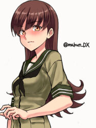  1girl black_neckerchief brown_eyes brown_hair commentary_request flipped_hair green_sailor_collar green_serafuku green_shirt highres kantai_collection long_hair looking_at_viewer maakun_(makun_dx) neckerchief one-hour_drawing_challenge ooi_(kancolle) parted_lips sailor_collar sailor_shirt school_uniform serafuku shirt simple_background solo twitter_username upper_body white_background 