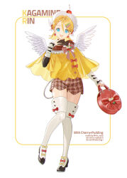  1girl absurdres angel_wings bag black_shirt black_shoes blonde_hair blue_eyes brown_capelet brown_skirt capelet character_name cherry commentary_request earrings feathered_wings food fruit full_body grey_background handbag hat head_wings highres holding holding_bag jewelry kagamine_rin long_sleeves looking_at_viewer open_mouth plaid_capelet plaid_clothes plaid_skirt riri_(artist) shirt shoes skirt smile solo thigh-highs vocaloid white_hat white_thighhighs white_wings wings yellow_capelet 