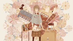  1girl amplifier bad_id badge bird black_hat black_pantyhose blue_cardigan brown_hair brown_skirt button_badge cable calico_(pattern) calico_cat cardigan cat closed_eyes closed_mouth effects_pedal electric_guitar feet_out_of_frame fender_telecaster flower grey_bird grey_flower guitar guitar_case hair_ornament hairclip hat headphones headphones_around_neck holding holding_guitar holding_instrument instrument instrument_case jar keyboard_(instrument) mitsuki_mouse orange_amps orange_flower original pantyhose paper parallel_hairclips peaked_cap pedal_board pink_umbrella plaid_clothes plaid_skirt red_flower shirt short_hair skirt smile solo standing stuffed_animal stuffed_toy teddy_bear umbrella white_flower white_shirt yellow_flower 