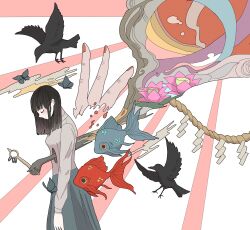 1girl absurdres bird black_hair blue_skirt bug butterfly closed_eyes closed_mouth commentary crow fish flower from_side goldfish hato_(n_hat_mu) highres long_hair long_skirt long_sleeves original pink_flower pleated_skirt shirt skirt solo standing surreal 