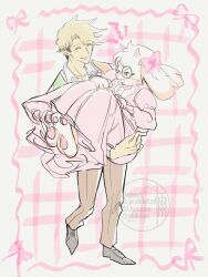  2boys angry blonde_hair blush carrying colored_skin commentary_request deltarune dress floppy_ears flowery_(deltarune) furry furry_male grin harumiya_ut highres horns looking_at_another male_focus multiple_boys open_mouth pink_dress pink_horns princess_carry ralsei round_eyewear smile utdr_(toby_fox) watermark white_fur yellow_skin 