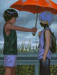  2boys absurdres aged_down backpack bag bare_shoulders black_bag black_eyes black_hair black_pants blunt_ends child commentary_request covered_mouth eye_contact from_side green_shirt hand_in_pocket hatake_kakashi highres holding holding_umbrella korean_commentary looking_at_another lower_eyelashes_only m0_mo_momo male_focus mask might_guy mouth_mask multiple_boys naruto_(series) outdoors outstretched_arm pants parted_bangs railing rain red_umbrella shirt short_hair shorts sleeveless sleeveless_shirt spiky_hair standing storm thick_eyebrows umbrella wet wet_clothes wet_hair white_hair white_shorts 