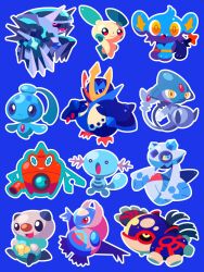  :o azelf black_sclera blue_background blue_eyes blue_theme closed_mouth colored_sclera dialga empoleon fangs forehead_jewel froslass full_body highres kyogre latios minun no_humans open_mouth oshawott outline phione pokemon pokemon_(creature) pokemon_focus red_eyes rotom rotom_(wash) shichi_(7cube_ori) shinx simple_background smile white_outline wooper yellow_eyes yellow_pupils yellow_sclera 
