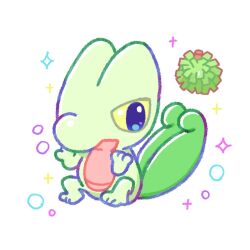  arms_up berry_(pokemon) colored_skin commentary_request diamond_(shape) durin_berry full_body green_skin invisible_chair leopipi no_humans pokemon pokemon_(creature) pokemon_focus sitting sparkle treecko yellow_eyes 