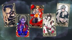  2boys 3girls aaesan0118 ahoge animal_ears artist_collaboration asymmetrical_legwear asymmetrical_sleeves banken_(inui_toko) bare_shoulders black_choker black_dress black_hair black_nails black_shirt black_sleeves black_thighhighs black_wrist_cuffs blonde_hair blue_pants braid breasts brown_eyes brown_hair bugle cape card_(medium) choker closed_mouth commentary_request detached_sleeves dog_ears dress english_text epaulettes frilled_wrist_cuffs frills fushimi_gaku green_background grey_eyes grey_hair hair_between_eyes hands_in_own_hair head_wrap heterochromia highres holding holding_instrument hoshikawa_sara instrument inui_toko jacket judgement_(tarot) kanae_(nijisanji) kousin_11 layered_dress long_hair long_sleeves looking_at_viewer medium_breasts medium_hair mismatched_legwear mismatched_sleeves mismatched_thighhighs multiple_boys multiple_girls nagi_omu nail_polish nijisanji off-shoulder_dress off_shoulder official_alternate_costume one_eye_covered open_mouth pants pechanko_dane pleated_dress ponytail purple_background red_cape red_dress red_eyes roman_numeral shirt short_dress short_hair short_sleeves side_cape single_thighhigh sleeve_cuffs sleeveless sleeveless_dress smile sparkle_hair_ornament star_(symbol) sun tarot tarot_(medium) the_moon_(tarot) the_star_(tarot) the_sun_(tarot) the_world_(tarot) thigh-highs tsukino_mito two-tone_background very_long_hair virtual_youtuber white_dress white_jacket white_shirt white_sleeves white_thighhighs wrist_cuffs yellow_eyes yuda_nnn 