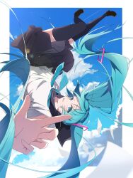  1girl absurdres black_skirt black_thighhighs blue_eyes blue_hair blue_neckerchief blue_sky border brown_shoes clouds commentary_request falling floating floating_hair floating_paper hair_ornament hatsune_miku highres light_smile long_hair looking_at_viewer mary_janes miniskirt neckerchief outside_border outstretched_arm paper parted_bangs parted_lips pleated_skirt school_uniform serafuku shoes short_sleeves sidelocks skirt sky smile solo sui_so_sui_so thigh-highs thighs twintails upside-down very_long_hair vocaloid white_border white_serafuku wide_sleeves 