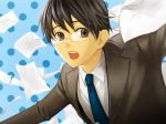  action black_hair blue bokuto flying_paper formal glasses highres hiyama_kiyoteru male necktie paper solo suit vocaloid 