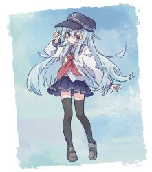  1girl anchor_symbol black_sailor_collar black_skirt blue_eyes blue_hair blue_skirt commentary_request flat_cap full_body hair_between_eyes hat hibiki_(kancolle) highres index_finger_raised kantai_collection kpgametarou loafers long_hair long_sleeves neckerchief pleated_skirt red_neckerchief sailor_collar school_uniform serafuku shoes simple_background skirt solo thigh-highs very_long_hair 