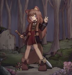  1girl :d animal_ear_fluff ankle_boots black_dress blunt_sidelocks boots brown_boots brown_dress brown_hair child collar commentary dark dirt_road dress english_commentary forest full_body grass hand_up highres holding holding_sword holding_weapon kiln_firelink long_hair long_sidelocks long_sleeves looking_at_viewer messy_hair metal_collar metal_wrist_cuffs mushroom nature open_mouth outdoors pink_hair pinstripe_dress pinstripe_pattern raphtalia raphtalia_(young) red_dress road ruins short_dress short_sleeves sidelocks smile solo standing sword tate_no_yuusha_no_nariagari teeth two-tone_dress upper_teeth_only w weapon yellow_trim 