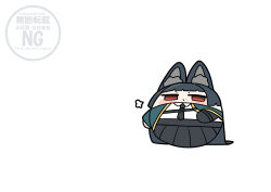 1girl absurdres animal_ear_fluff animal_ears aqua_jacket black_hair black_necktie black_skirt chibi commentary_request eating fat fox_ears fox_girl full_body highres hoshimi_miyabi jacket long_hair necktie red_eyes shinonome_nashi shirt skirt solo white_background white_shirt zenless_zone_zero 